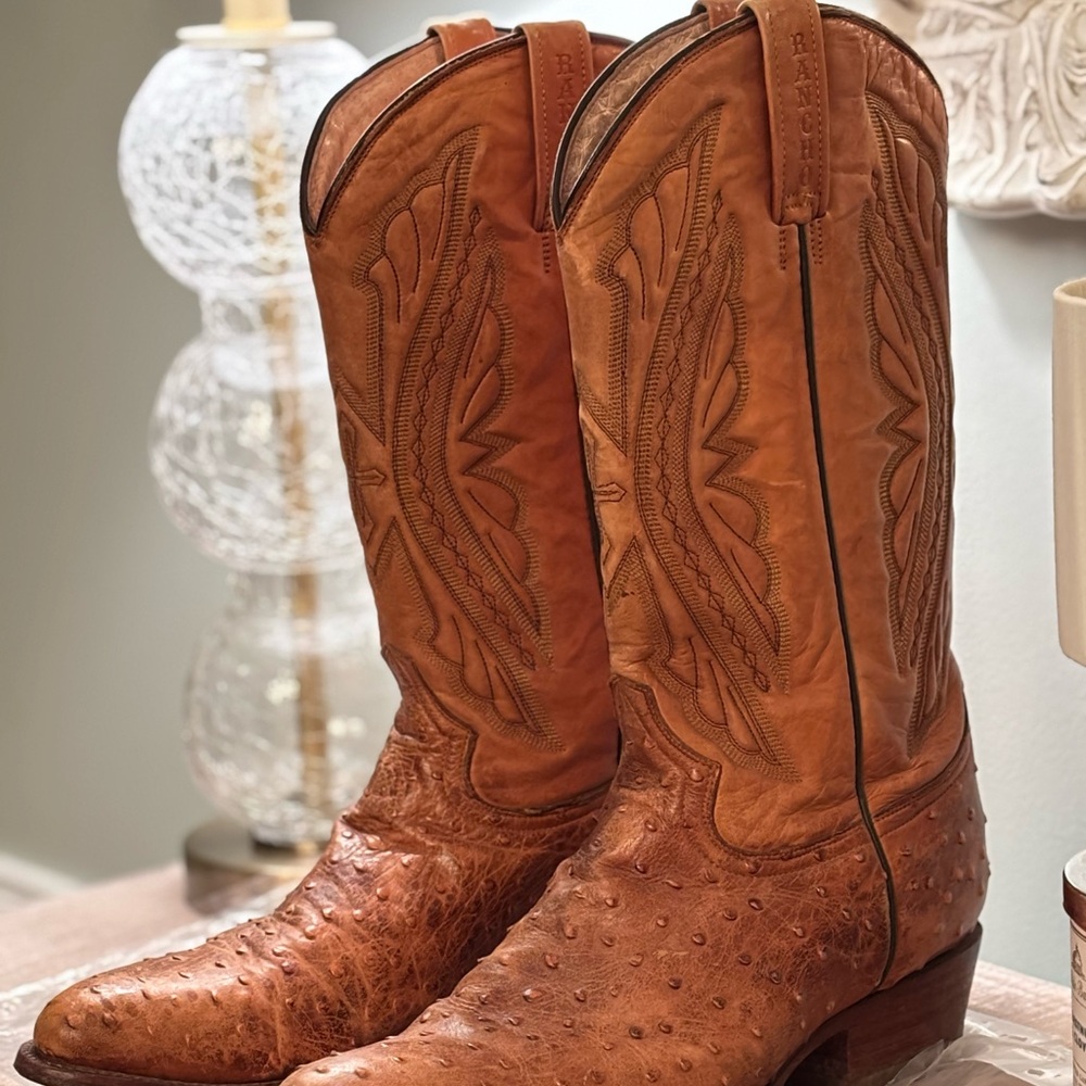 Rancho Brown Ostrich Leather Western Boots Sz 29.5
